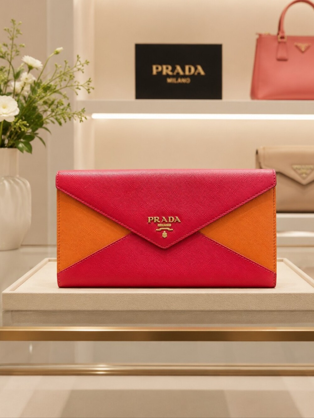 Authentic Prada Saffiano Colorblock Envelope Wallet!! Orange/Red🧡♥️
